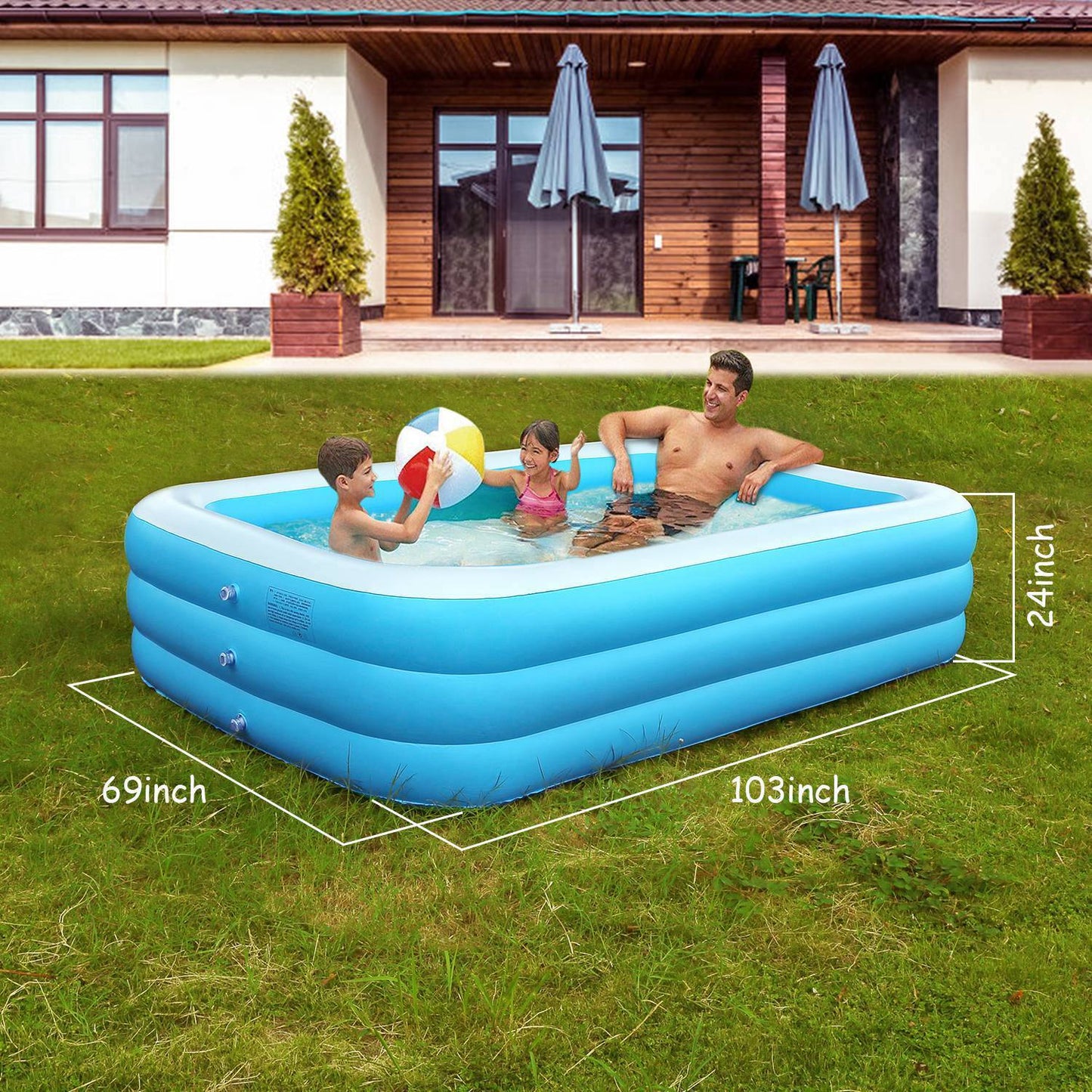 1Pc Inflatable Swimming Pools Family Swim Play Center Pool Blow Up Kiddie Pool For Family Inflatable Lounge Pool For Kids 103x69x24in