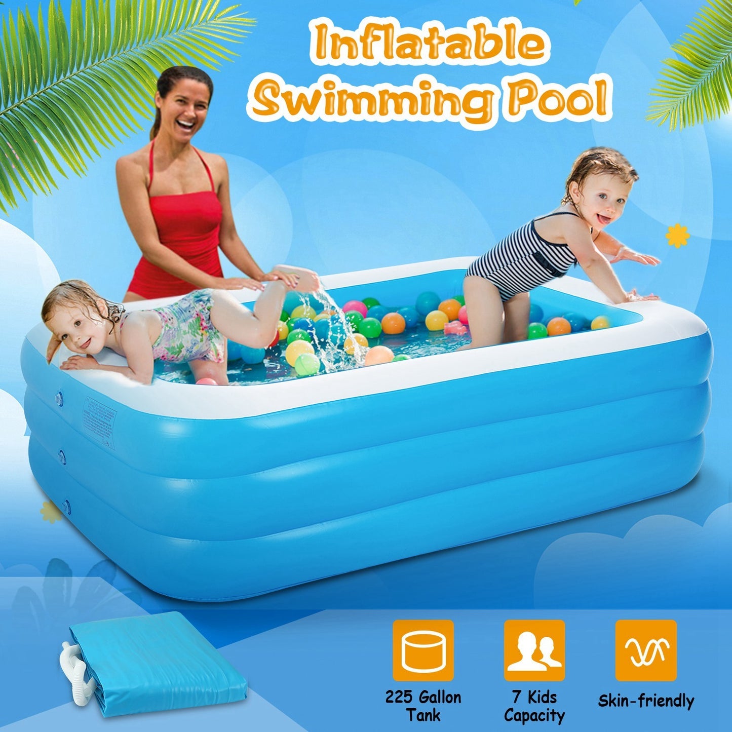 1Pc Inflatable Swimming Pools Family Swim Play Center Pool Blow Up Kiddie Pool For Family Inflatable Lounge Pool For Kids 103x69x24in