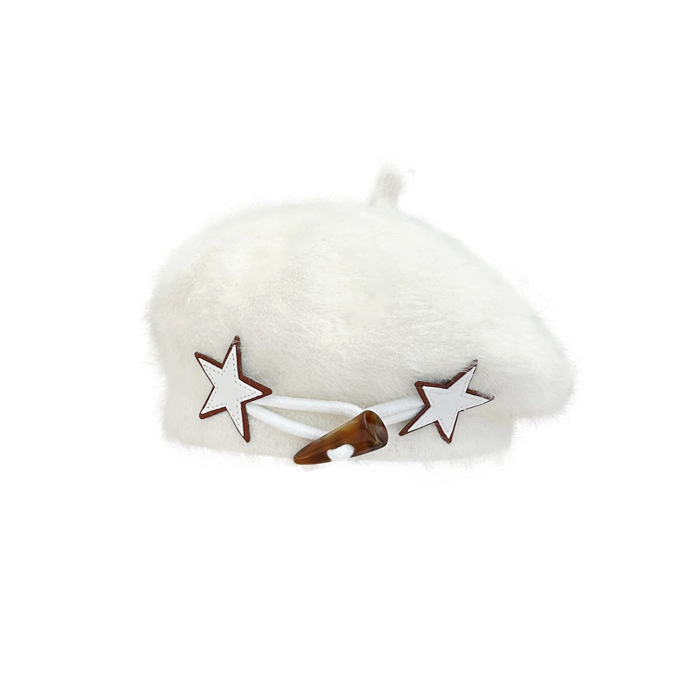 XINGX Horn Button Beret Women's Autumn And Winter White Plush