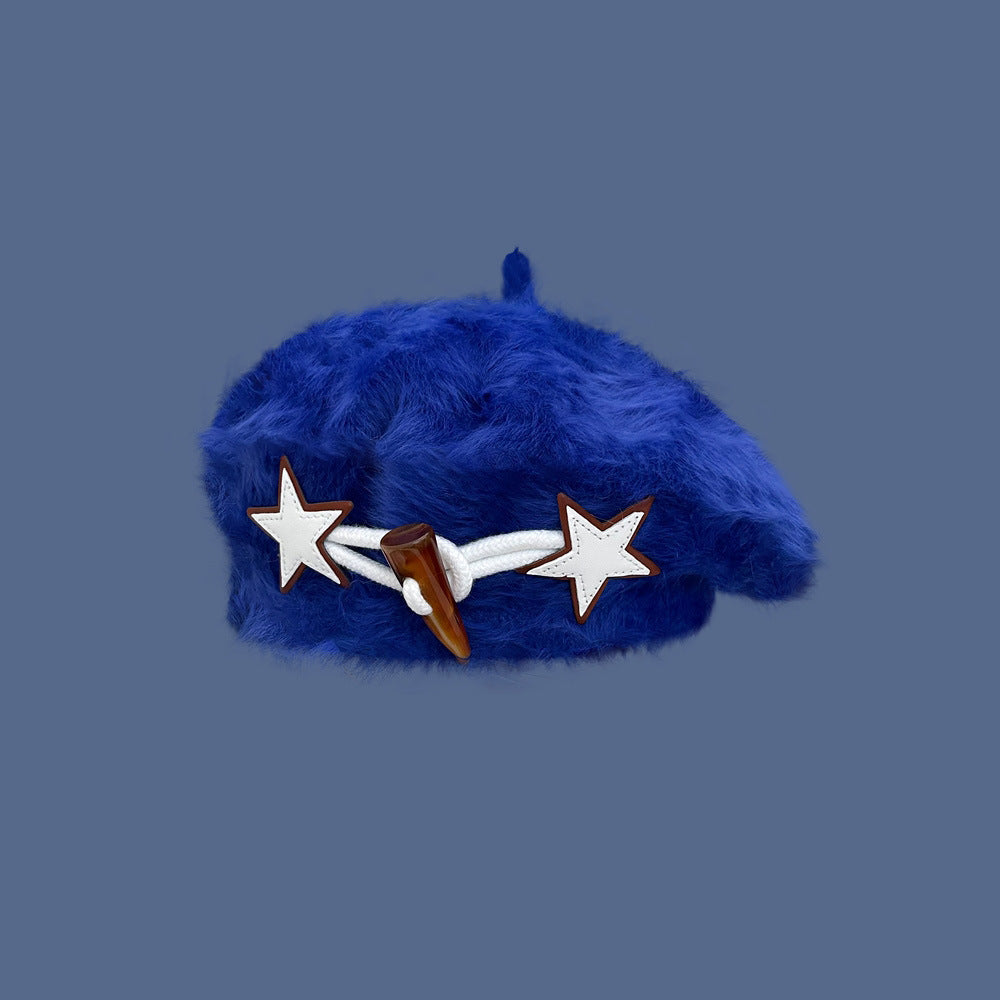 XINGX Horn Button Beret Women's Autumn And Winter White Plush