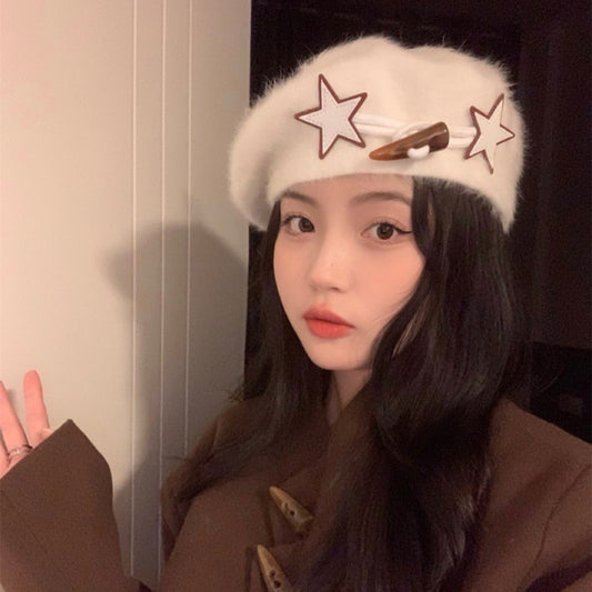 XINGX Horn Button Beret Women's Autumn And Winter White Plush