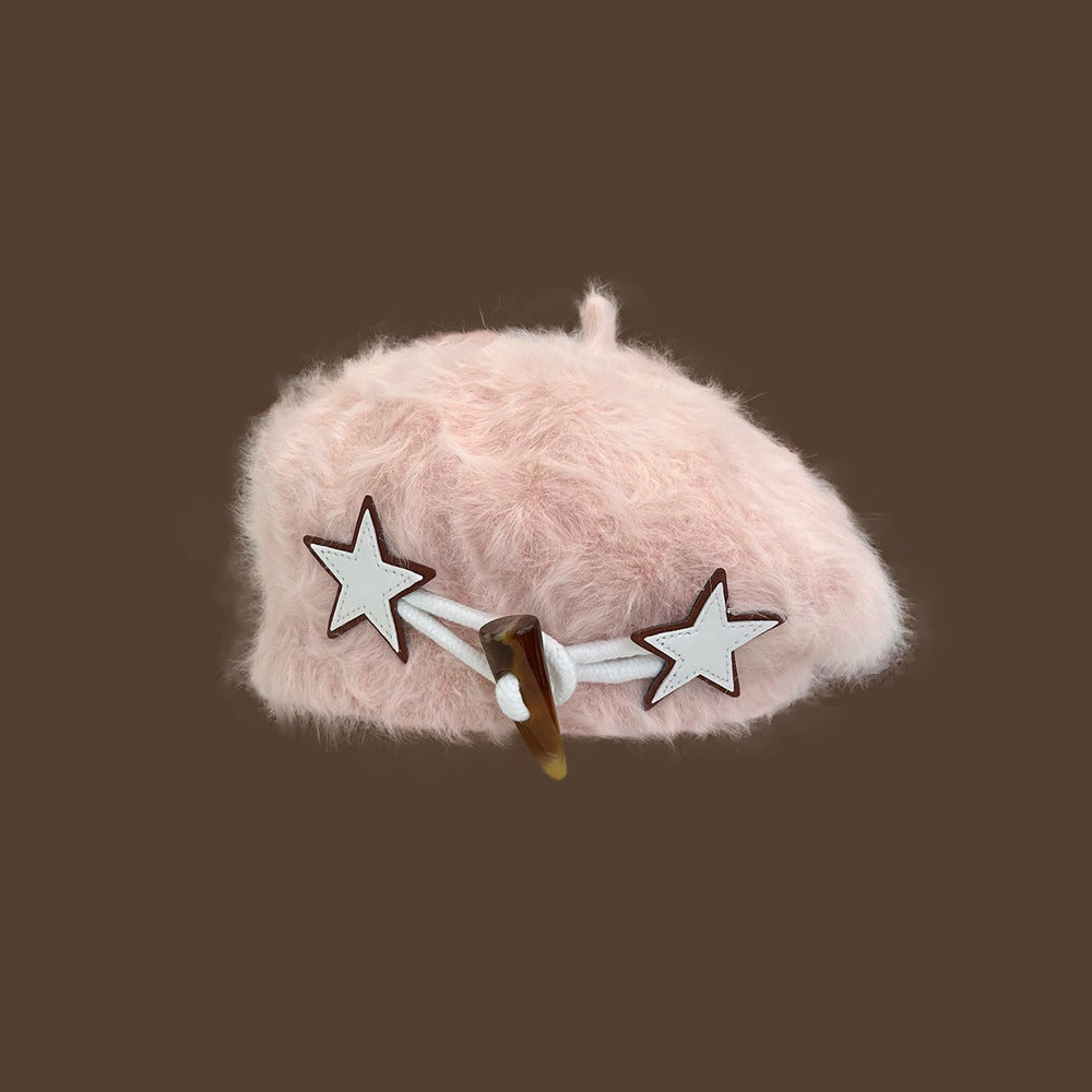 XINGX Horn Button Beret Women's Autumn And Winter White Plush
