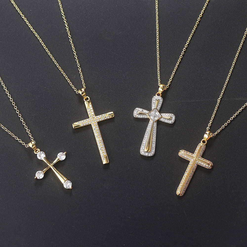 Zircon gold full diamond cross pendant necklace