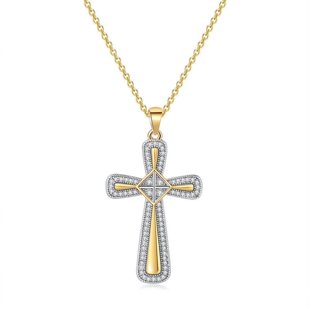 Zircon gold full diamond cross pendant necklace