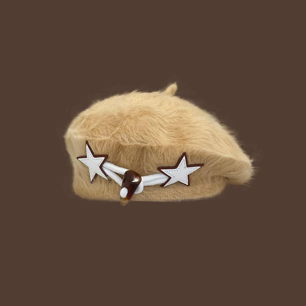 XINGX Horn Button Beret Women's Autumn And Winter White Plush