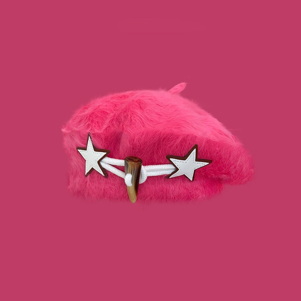 XINGX Horn Button Beret Women's Autumn And Winter White Plush